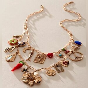 Free People Maxamillion Charm Necklace Flower Power Chain Link Gold Tone